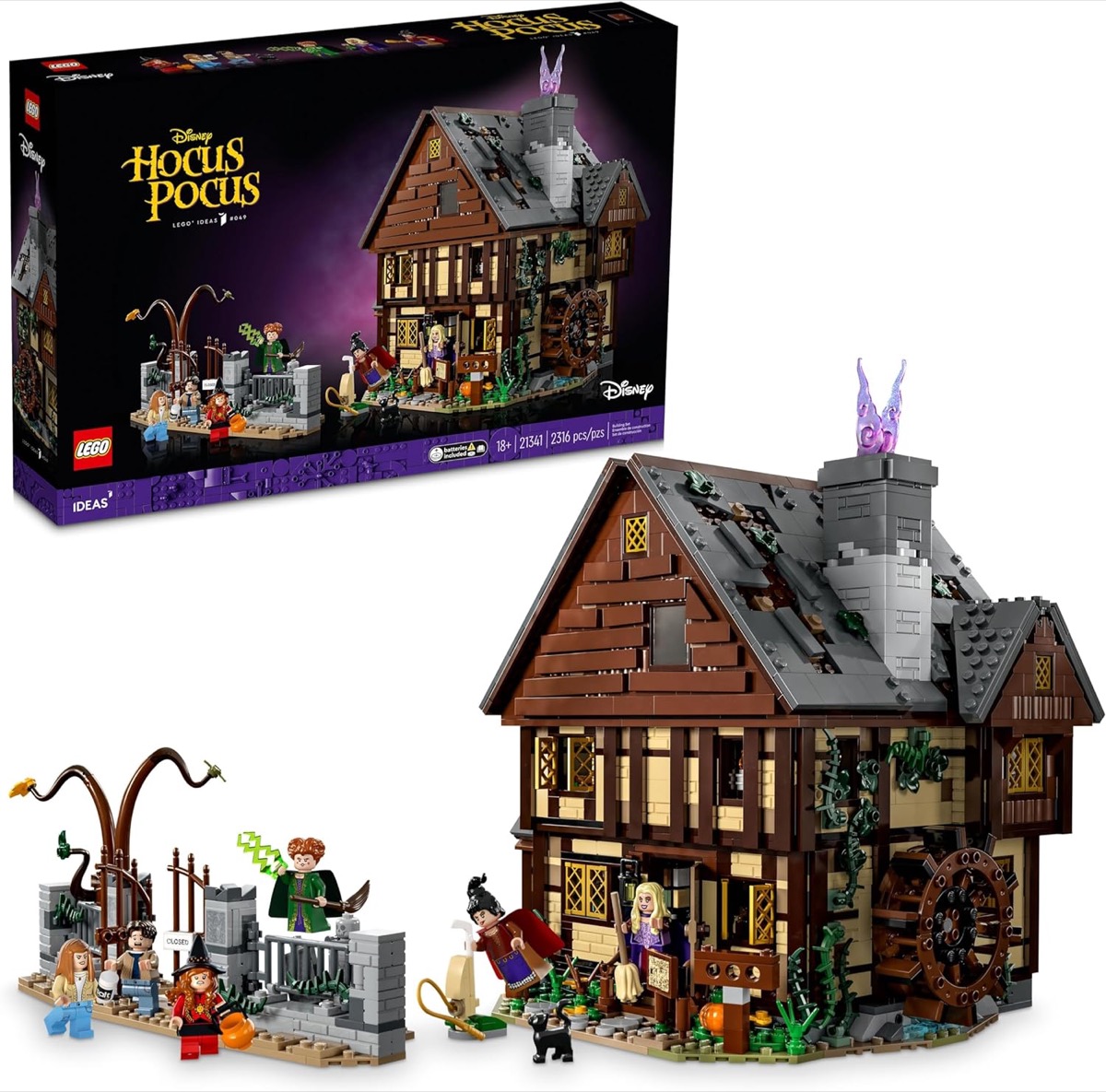A LEGO version of The Sanderson Sisters' Cottage from "Hocus Pocus"